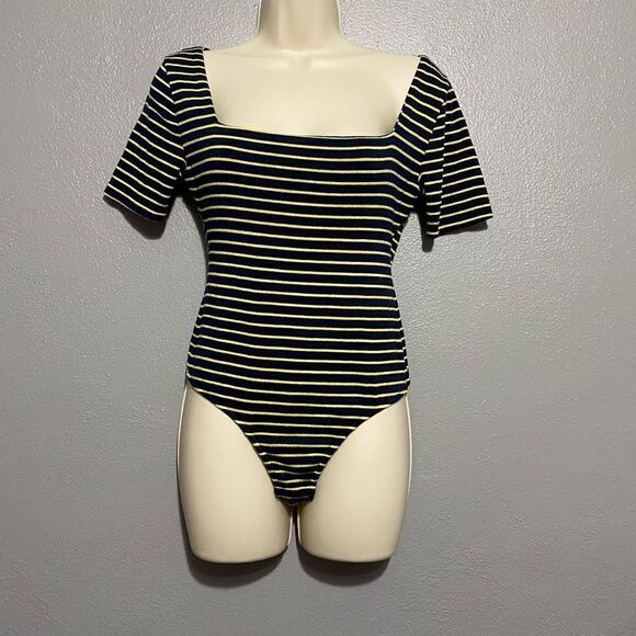 RE/DONE 80’s Square Neck Bodysuit Dark Navy and Lemon Yellow Stripes Size Small - Picture 1 of 5